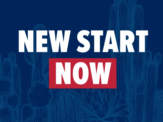 Navy blue background with light blue cactus line drawing illustrations.  "New Start Now" in white with "Now" on top of a red box.