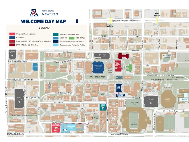 Map of campus with buildings used on Sunday indicated in different colors.