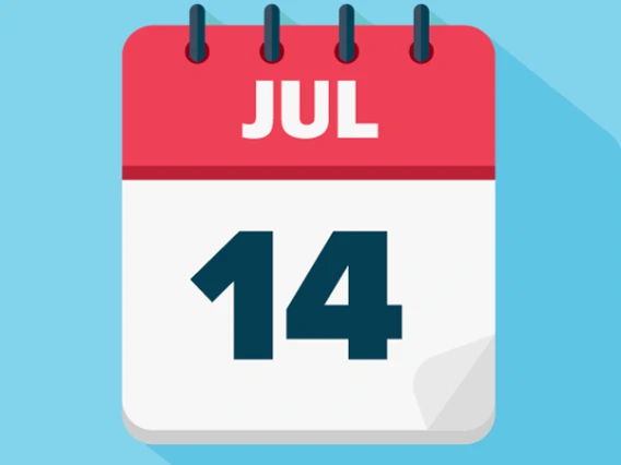 Illustration of a calendar that says "JUL 14" on a light blue background with a bloom red accent behind the month.