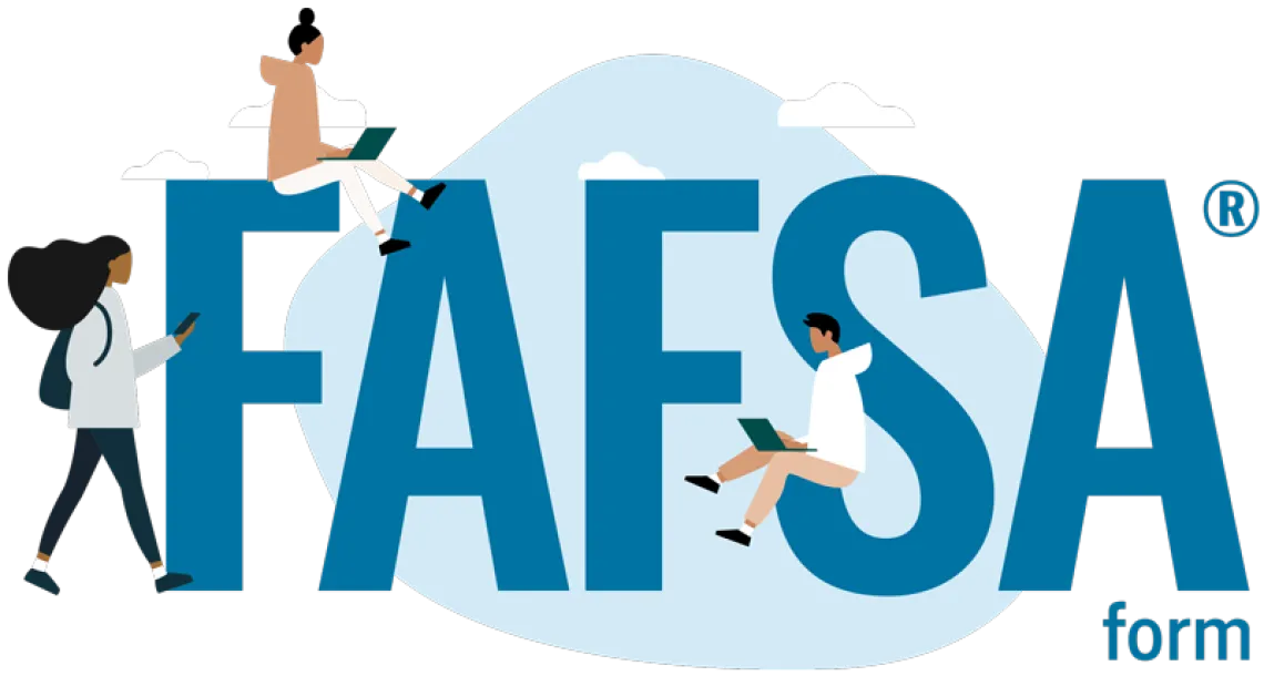 FAFSA form with illustrations of people on laptops around the letters and clouds in the background.