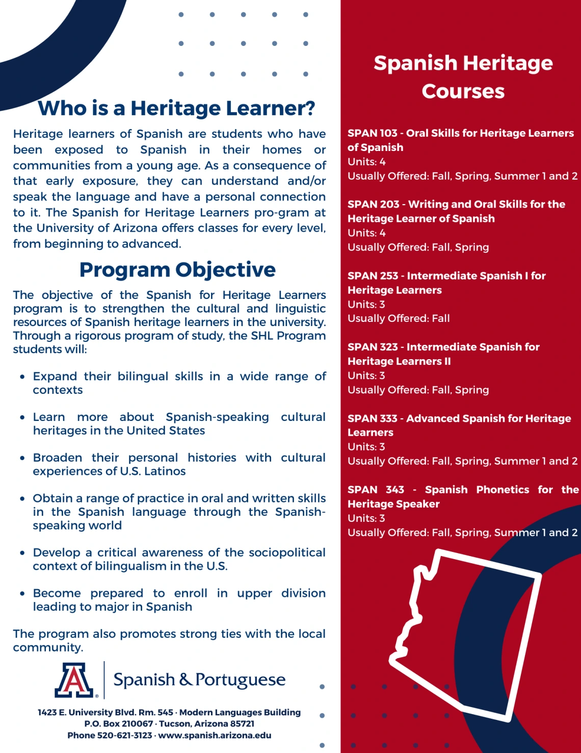 Who is a Heritage Learner? Heritage learners of Spanish are students who have been exposed to Spanish in their homes or communities from a young age. As a consequence of that early exposure, they can understand and/or speak the language and have a personal connection to it. The Spanish for Heritage Learners pro-gram at the University of Arizona offers classes for every level, from beginning to advanced. Program Objective The objective of the Spanish for Heritage Learners program is to strengthen the cultura